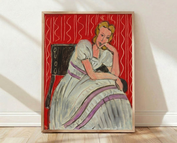 Framed watercolor portrait of a young woman in a gray dress, rendered in soft earth tones and muted blues in the style of Henri Matisse.