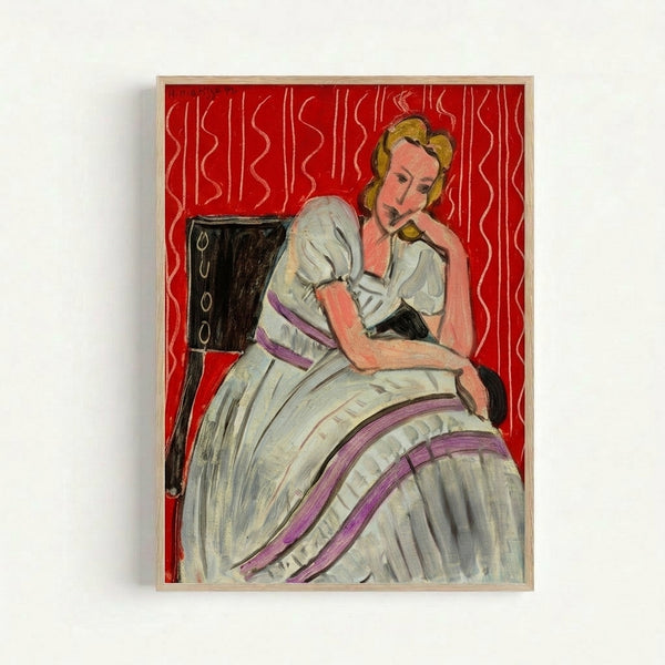 Matisse-style painting of a seated woman wearing a gray dress, displayed as a framed art print with delicate watercolor brushwork.