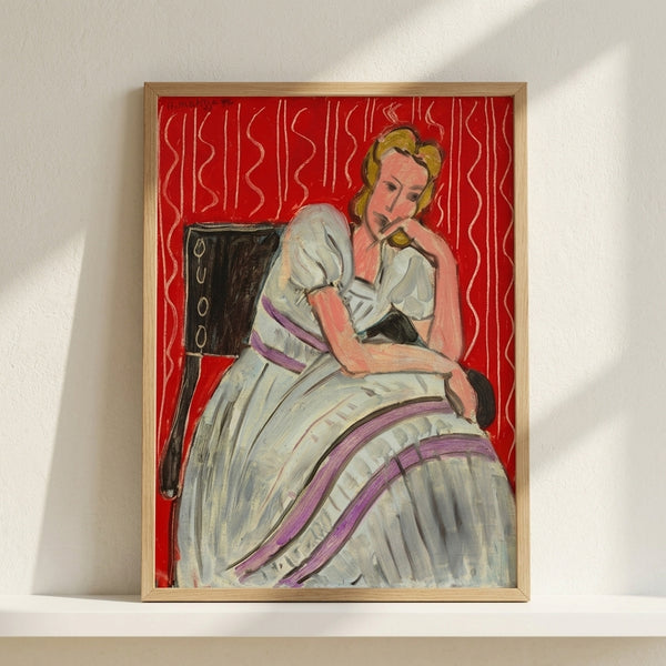 Elegant portrait of a young woman in a gray dress in soft watercolors, featuring Matisse's characteristic loose, expressive style on a framed poster.
