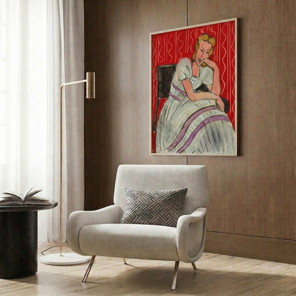 Portrait of a seated woman in a gray dress, a watercolor composition with subtle color harmony and graceful, simplified forms in the Matisse tradition.