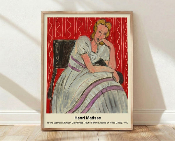 Contemplative portrait of a young woman in a gray dress against a vibrant wallpapered background, rendered in soft watercolor tones with violet and cream accents in the Impressionist Modern style.