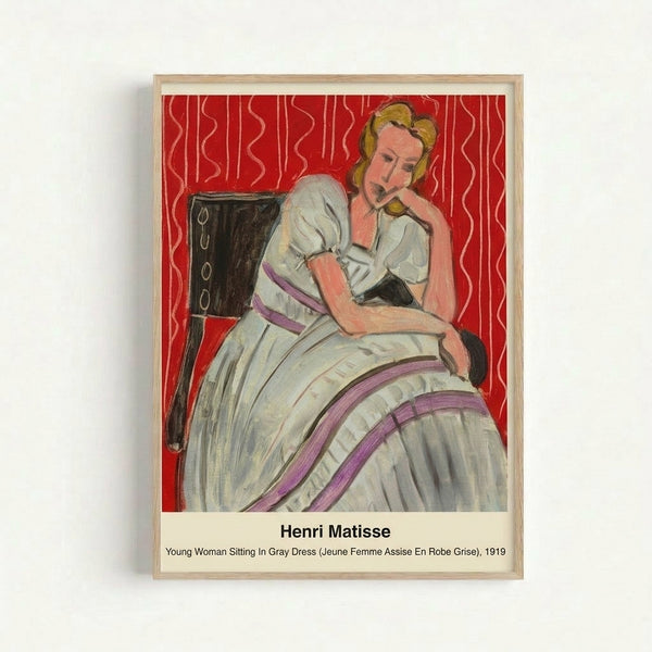 Framed Impressionist-style portrait featuring a woman in gray wearing an intimate, sophisticated expression, with a multi-hued decorative wallpaper backdrop in violet and cream.