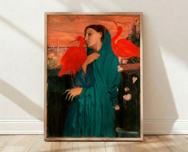 Impressionist portrait of a pensive young woman with an ibis bird and vibrant flowers in cream, pink, and blue tones, framed as wall art.