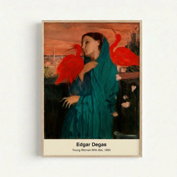 Art Nouveau style painting featuring a contemplative woman gazing beside an elegant ibis among blooming flowers in soft ochre and red hues.