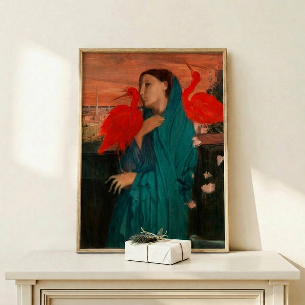 Vintage impressionist print of a reflective young woman posed with an ibis bird and lush flowers in blue, pink, and ochre tones.