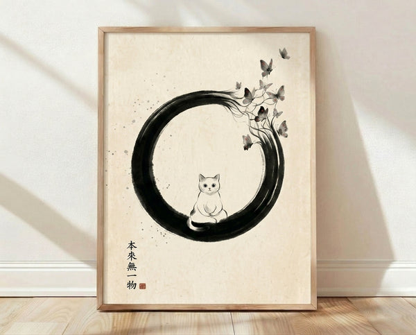 Minimalist line art poster featuring a black cat within an enso zen circle, accompanied by delicate butterflies in soft red and gray tones on a cream background.