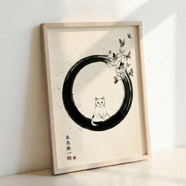 Meditative zen circle artwork centered on a graceful black cat with floating butterflies, rendered in minimalist line art with cream, charcoal, and soft red accents.