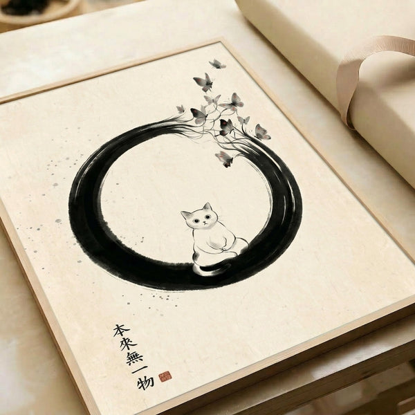 Whimsical yet calming line art print of a black cat framed by an enso circle and dancing butterflies in soft red, gray, and cream tones, embodying Japandi minimalism.
