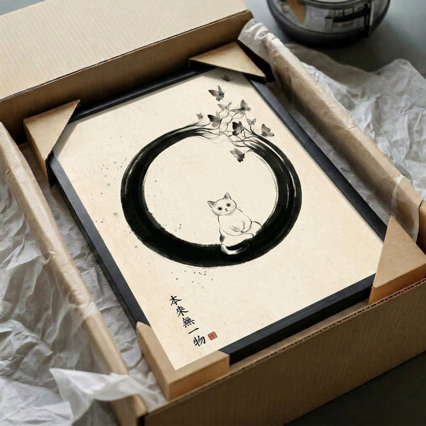 Contemplative Japandi art featuring a graceful black cat silhouette within a brushstroke enso circle, complemented by delicate butterflies in a restful palette of cream, charcoal, and gentle red.