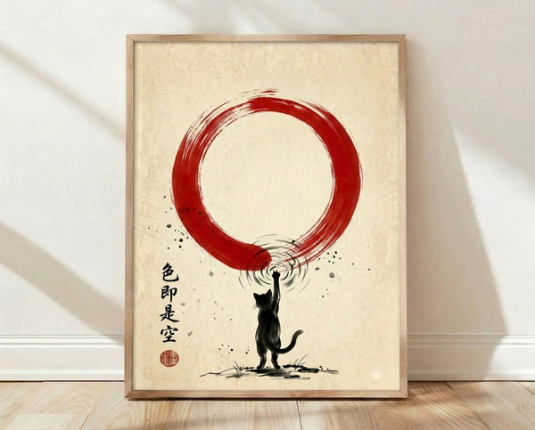 Minimalist sumi-e ink painting of a black cat sitting within a red enso circle on cream background, framed as a zen wall art print.