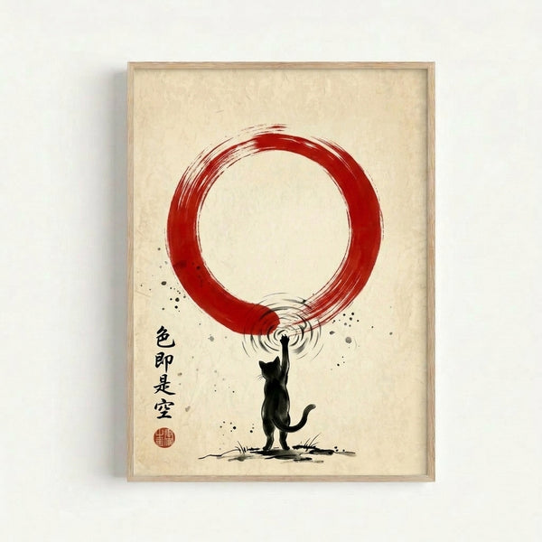 Japanese-style line art poster featuring a playful black cat enclosed by a bold red brushstroke circle, evoking meditative tranquility.