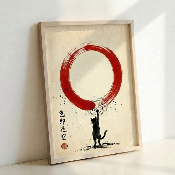 Black cat silhouette centered in a red enso circle, rendered in contemplative Japanese ink wash style on a light cream field.