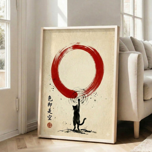 Harmonious zen composition with a black cat figure and sweeping red circular brushstroke, minimalist poster in sumi-e tradition.