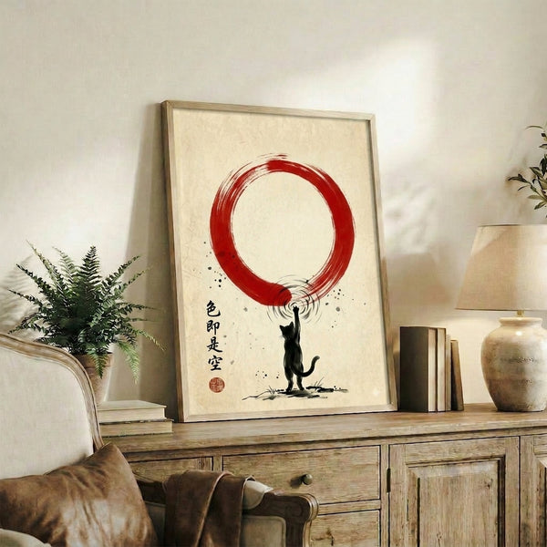 Framed art print showing a serene black cat within a red enso circle, combining Japanese calligraphy aesthetics with modern minimalism.
