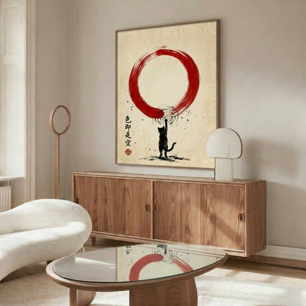Minimalist line art framed print of a black cat enclosed by an expressive red circle, capturing the essence of Japanese zen aesthetics.