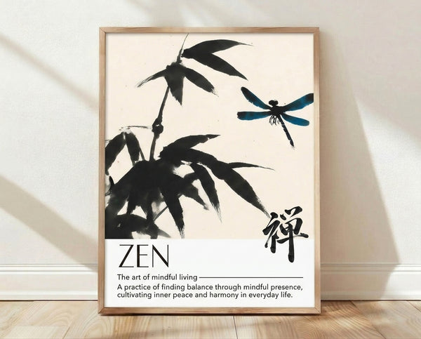 Minimalist Japanese ink wash painting of a dragonfly perched on delicate bamboo leaves, rendered in black and teal blue on cream background, creating a serene and meditative aesthetic.