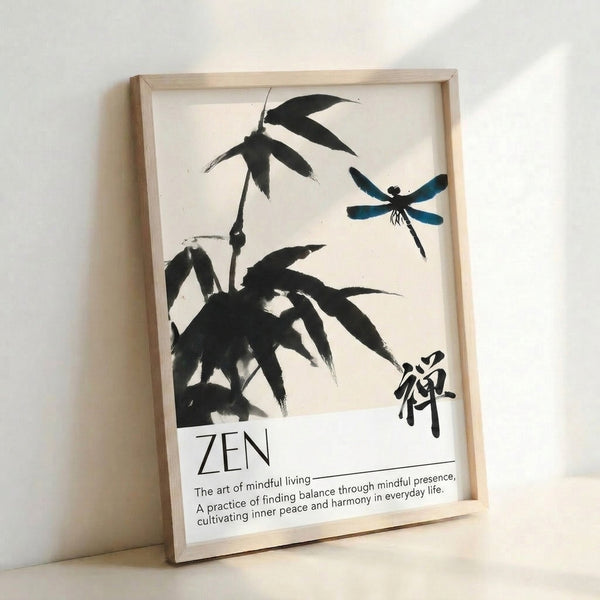 Framed Japanese Japandi art print of a dragonfly with bamboo plant in monochromatic black ink and teal accents, expressing wabi sabi simplicity and quiet contemplation.