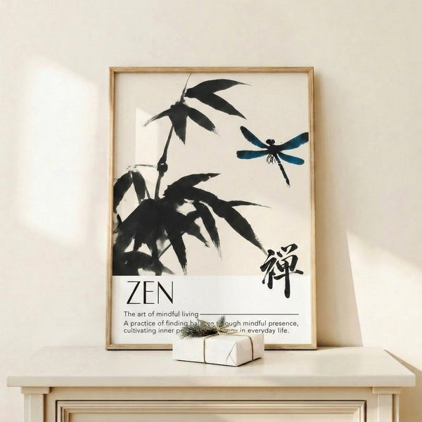 Serene ink wash poster depicting a lone dragonfly on bamboo stems, rendered in minimalist style with cream, black, and teal blue tones for peaceful wall decor.