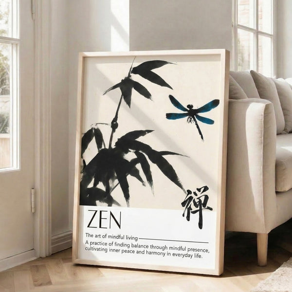 Meditative Japanese-inspired framed print showing a dragonfly among delicate bamboo leaves in black and teal ink on cream, embodying Zen calm and natural balance.