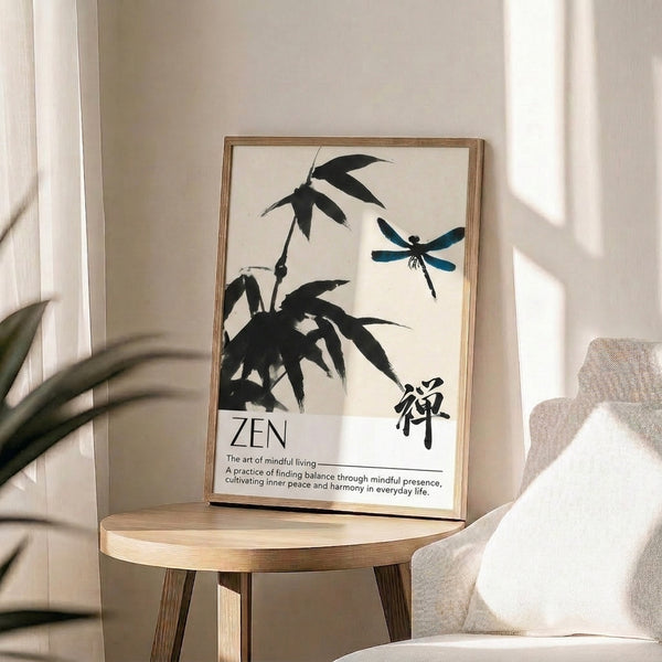 Japandi wall art featuring a dragonfly resting on bamboo in traditional ink technique, combining black strokes and teal accents on soft cream for serene interior decoration.