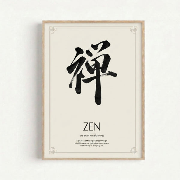 Zen calligraphy art print with elegant black kanji character rendered in loose brushwork on off-white, creating peaceful contemplative mood.