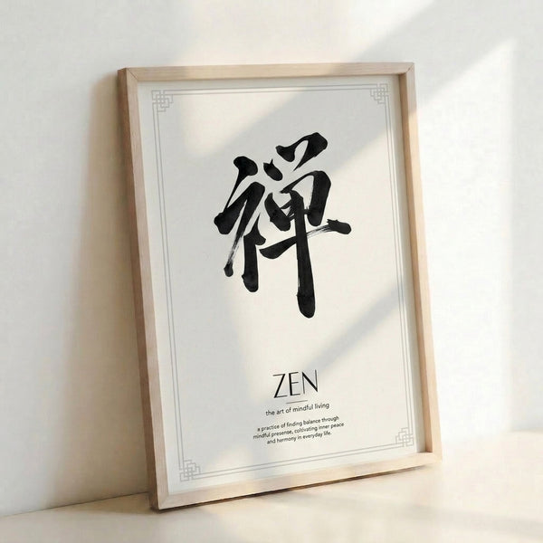 Japandi wall art displaying traditional brush stroke character in black ink on taupe-toned background, embodying wabi-sabi minimalist design.