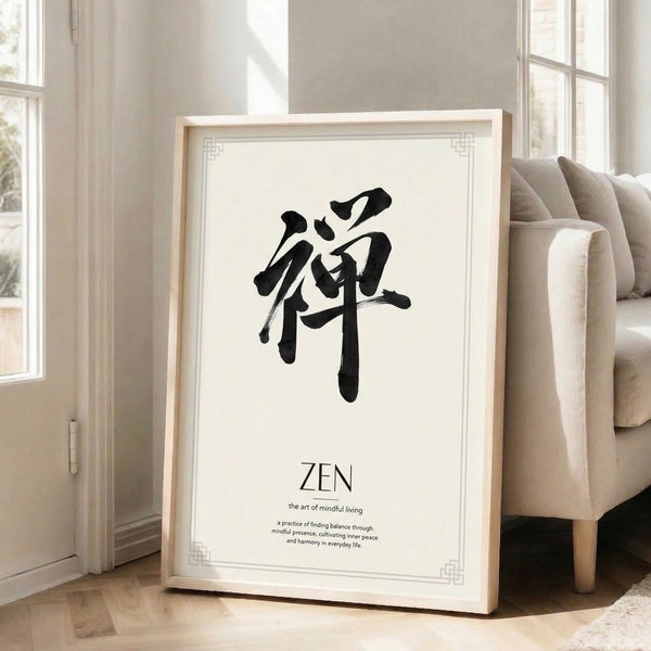 Minimalist framed poster with serene black calligraphic brushwork on cream canvas, reflecting zen philosophy and meditative tranquility.