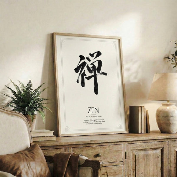Black kanji calligraphy poster on soft off-white ground, capturing the essence of peaceful Japandi minimalism with flowing brush technique.