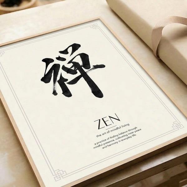 Minimalist Asian art poster featuring expressive black brushstroke calligraphy against taupe-cream foundation, promoting meditative visual calm.