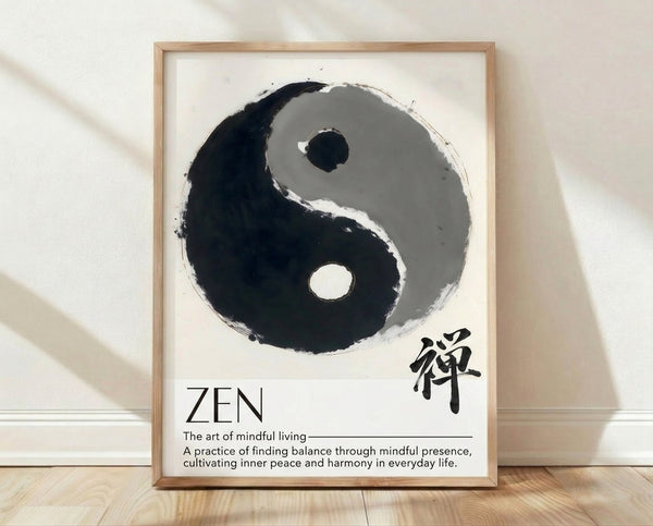 Minimalist black and white ink wash painting of a yin yang circle, framed on a wall as a meditative zen art print.
