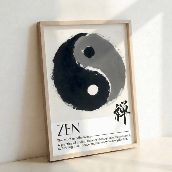 Wabi sabi inspired framed poster featuring a gestural black brushstroke forming a yin yang symbol against cream background.