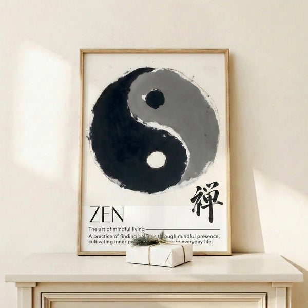 Zen wall art with an elegant ink-washed circular form in monochromatic tones, evoking tranquility and balance.