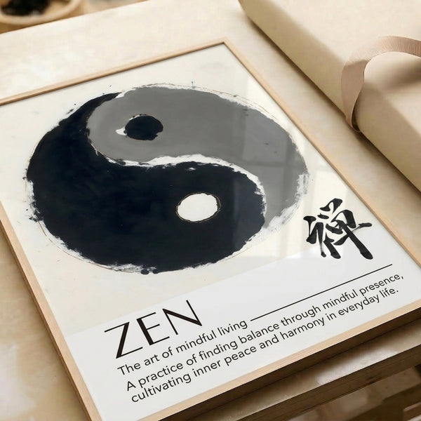 Contemplative zen artwork featuring a simple brushed circle symbol in black and white, ideal for meditative wall decor.