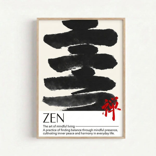 Zen-inspired art print displaying gestural ink brushstrokes in black and red on cream, arranged in a contemplative composition reflecting Japanese artistic tradition.