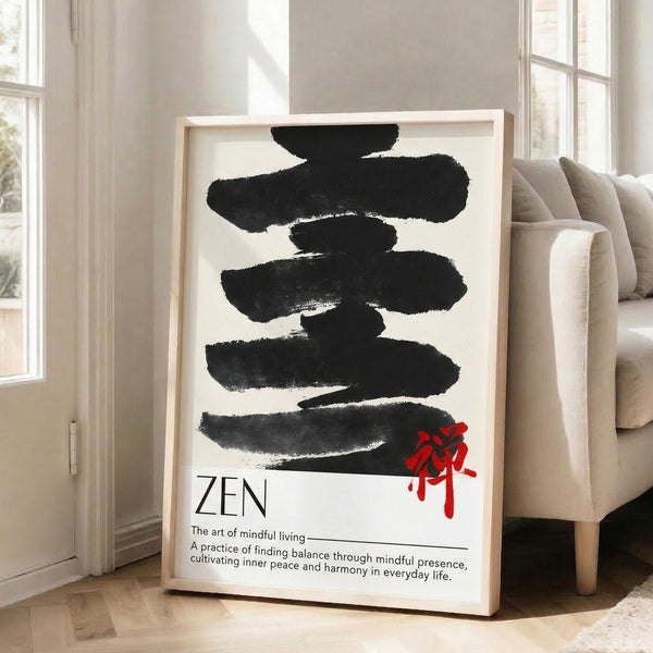 Minimalist poster art showcasing bold black ink brushstrokes with red accents arranged in a meditative stack, inspired by Zen and Japanese woodblock traditions.