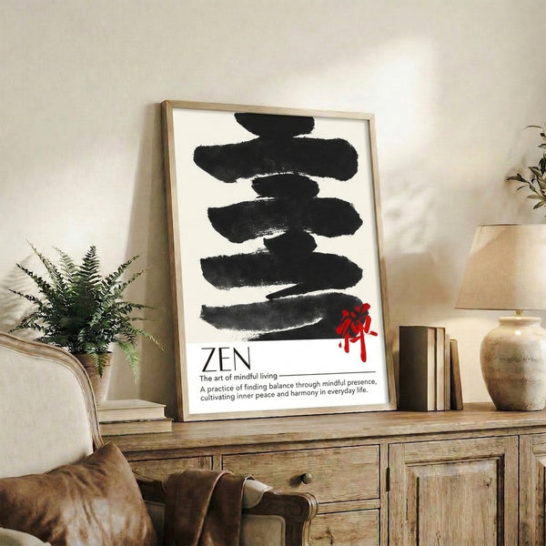 Contemplative wall print with gestural black kanji brushstrokes and red detail on cream background, capturing serene Japandi and Zen aesthetic sensibilities.