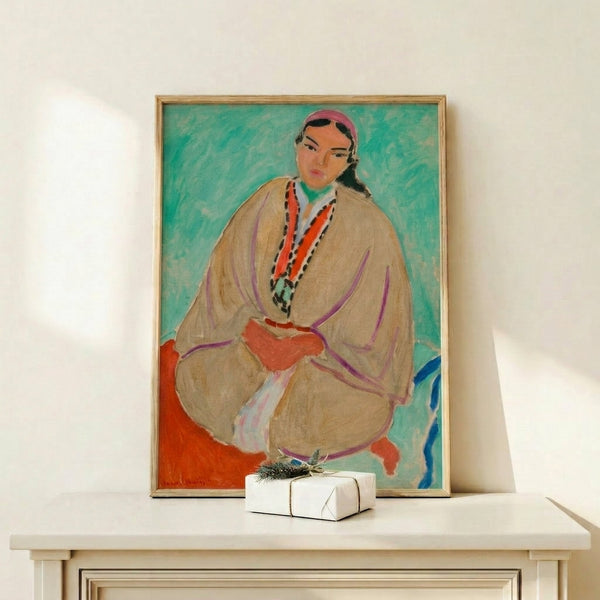 Early 20th century modernist portrait with gestural brushwork and luminous yellow ground, hanging as wall art.