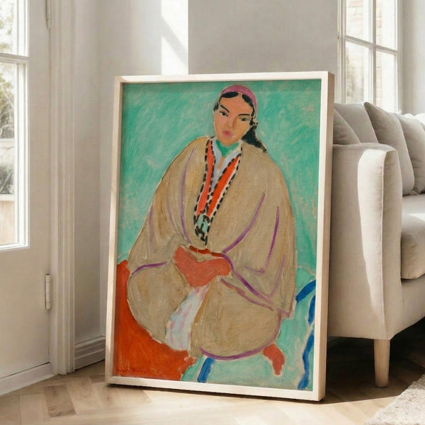 Abstract portrait poster in shades of gold and warm tones, showing Matisse's characteristic expressive line work and color.
