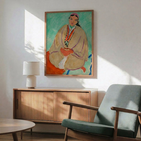 Vintage-style framed art print of a faceless portrait composition dominated by radiant yellow hues and bold contour lines.