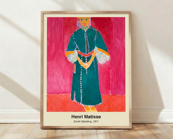 Framed Matisse-inspired portrait of a standing woman in ochre, deep blue, and terracotta tones, rendered in elegant modern art style with contemplative mood.
