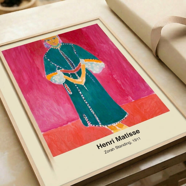 Contemporary-style portrait print showing a standing female figure in muted ochre, cream, and deep blue, evoking refined elegance and artistic minimalism.