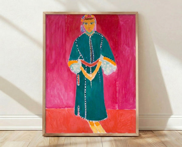 Zorah Standing, a faceless portrait in the style of Henri Matisse, features bold organic shapes and a warm earth-tone color palette of ochre, rust, and cream against a muted background.