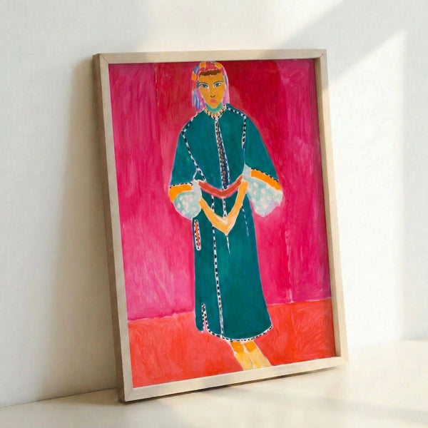Modern portrait print inspired by Persian art and Matisse's aesthetic, depicting a standing figure in warm browns and beige with organic, minimalist silhouettes.