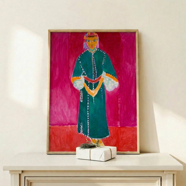 Zorah Standing wall art featuring a faceless figure in Matisse-inspired composition, blending Persian design elements with warm ochre and cream tones in a serene, contemplative mood.