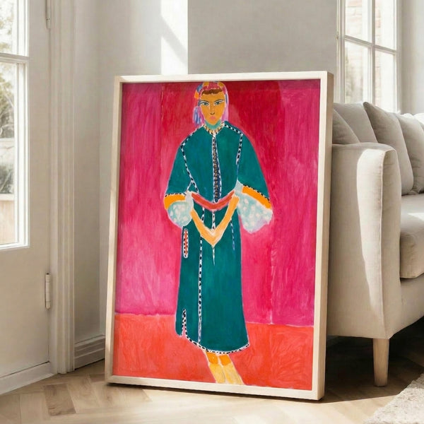 Abstract standing figure framed on wall, rendered in Matisse's bold cutout style with warm earth tones and simplified organic shapes evoking Persian artistic traditions.
