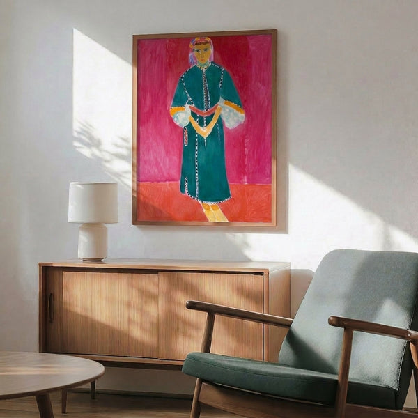 Minimalist portrait of a standing figure in warm golden and rust tones, capturing the essence of Matisse's faceless form work with influences from Persian decorative art.