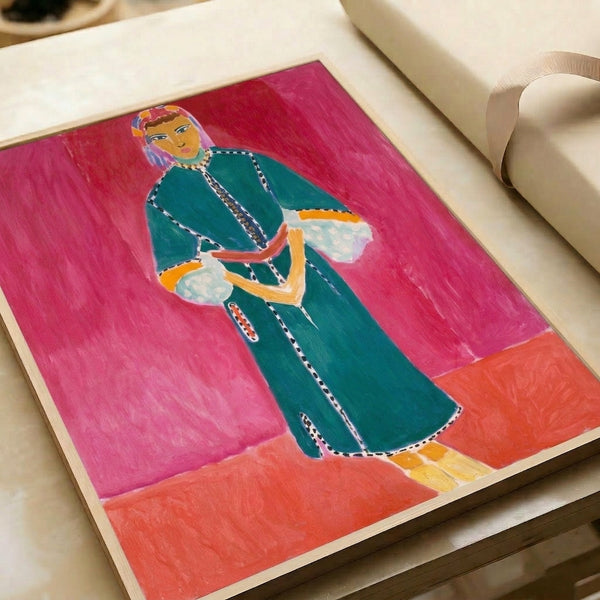 Faceless portrait print in the style of Henri Matisse showing a contemplative standing figure in warm ochre, cream, and brown hues with graceful organic contours.