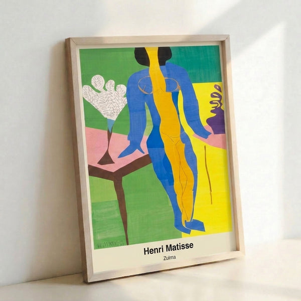 Framed decorative poster displaying abstract shapes in rich primary color fields with a dynamic, playful aesthetic characteristic of modernist cut-out art.