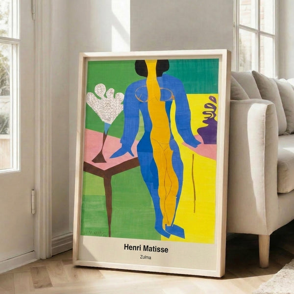 Bold abstract art print with vibrant primary colors and energetic geometric forms creating a playful, high-contrast composition on a gallery wall.