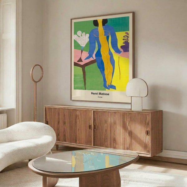 Abstract poster art with energetic cut-out shapes rendered in bold, high-contrast primary colors and decorative saturation for contemporary wall display.